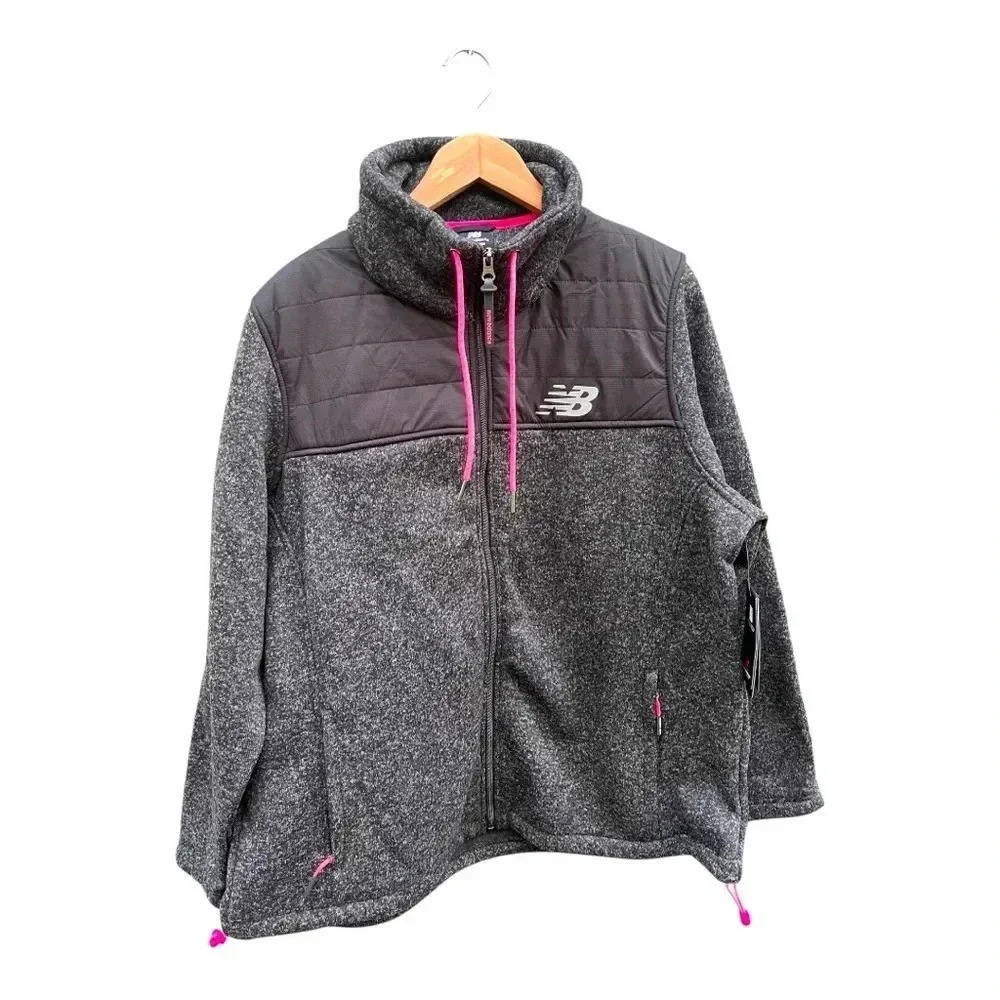 Women's New Balance Full Zip Activewear Sweater Fleece Jacket Black and Grey